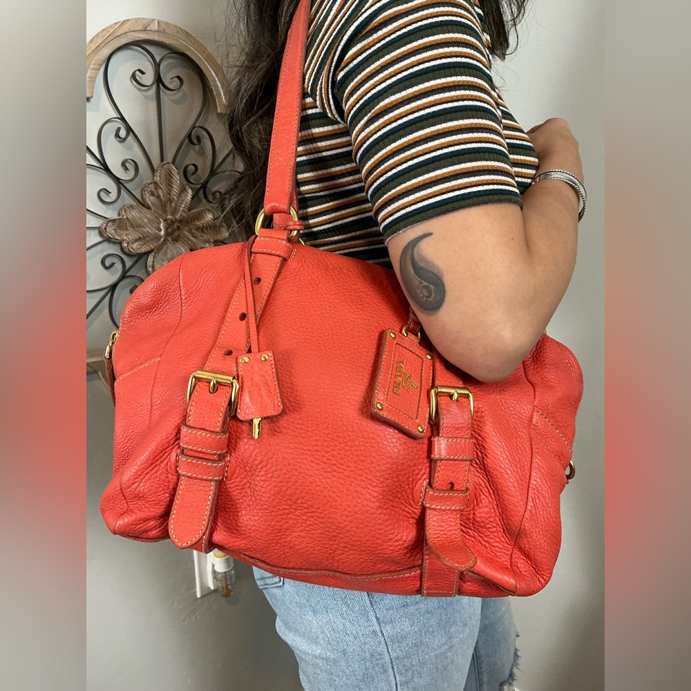 PRADA Shoulder Bag Orange Deerskin Leather with‎ dust bag and 3rd party COA